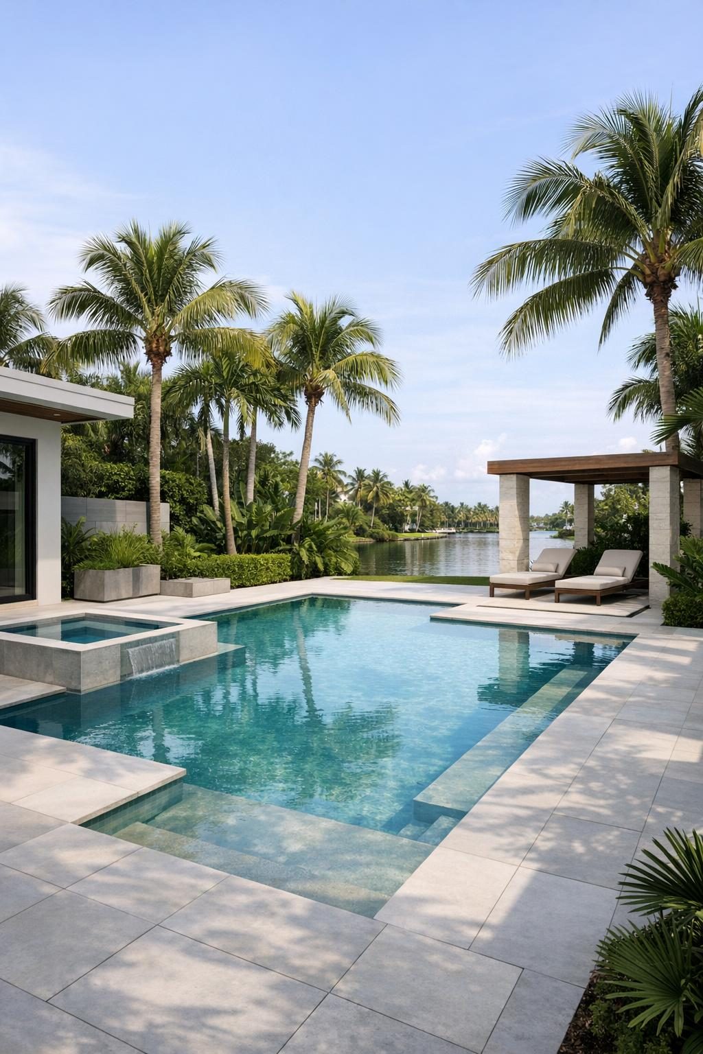 a completed pool with palm trees